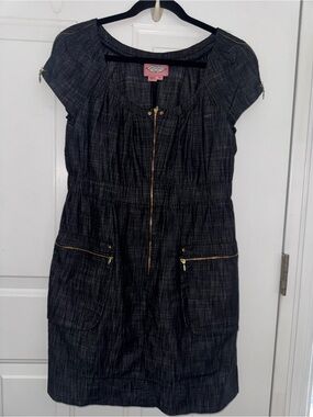 Phoebe Couture Architectural Seed Stitch Denim Shift Dress Gold Zip Size 10